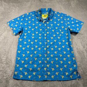 Retro Rifle Shirt Mens XL Blue Organic Banana Gun Print Short Sleeve Button Up